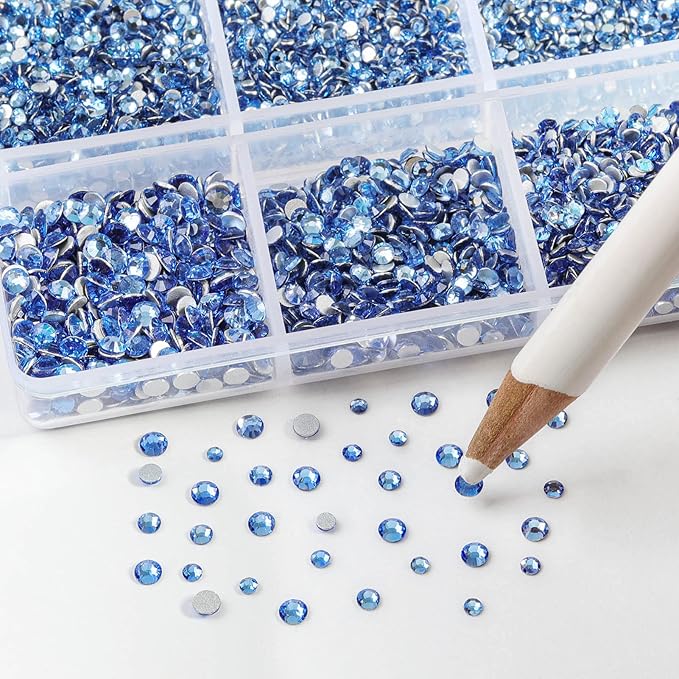 Beadsland 7200pcs Flatback Rhinestones,Light Blue Rhinestone Nail Gems Round Crystal Rhinestones for Crafts,Mixed 6 Sizes with Wax Pencil Kit, SS3-SS10,Light Sapphire