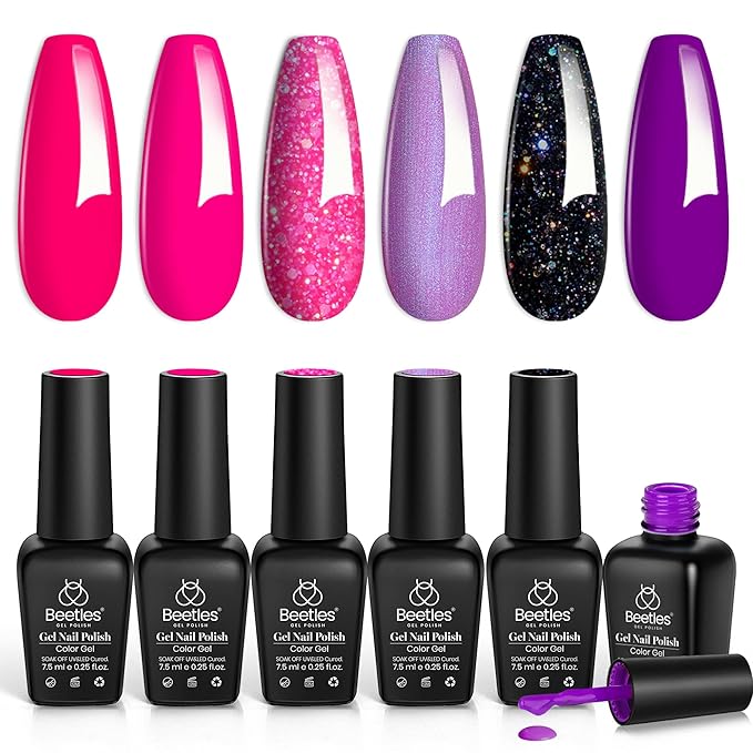Beetles Purple Gel Nail Polish, 6 Colors Glitter Hot Pink Gel Nail Polish Kit Pink Black Shimmer Soak Off Uv Gel Polish Set Dreamy Swirl Thread Effect DIY Manicure Gift for Women