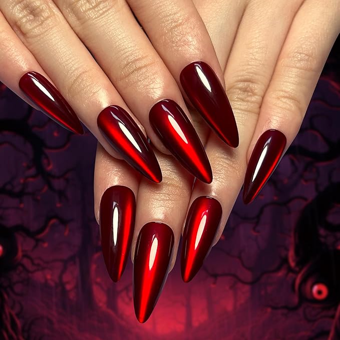 Halloween Red Cat Eye Press On Nails Medium Long Almond, Stiletto Acrylic Press On Nails, Ghost Claw Designer Reusable Fake Nails, Nail Hallows' Day, Glue On Nail Press Ons for Women
