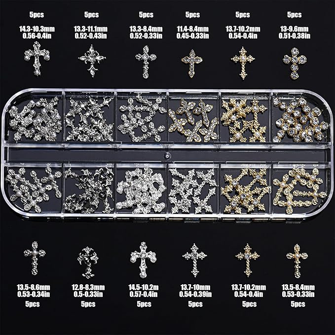 3D Cross Nail Charms for Nail Art, 60 Pcs Metal Crystal Cross Nail Decorations, Alloy Nail Studs and Rhinestones for Women Girl DIY Jewelry Crafts Supplies (Gold+Silver B)