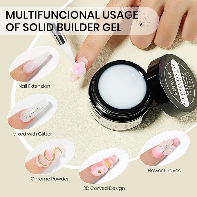 Solid Sculpture Builder Gel, 3D Nail Gel White Non-Stick Hand Nail Extension Gel for Carving Patterns Decoration Nail Art Emboss Hard Gel for Nails Mnicure DIY at Home 14g(0.49 oz)