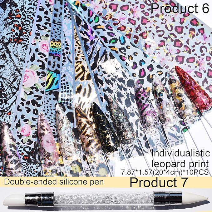 Nail Art Transfer Foils, 60 Pieces, Mixed Designs - Dried Flowers, Iridescent, Animal Print, Marble, Checkered Patterns, 1 Pcs Nail Art Engraving Pen Silicone Pen 7.87 x 1.57 inches(60)