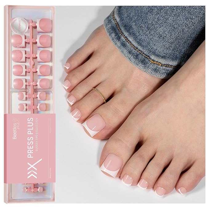Beetles X Press French Tip Toenails - Charm French | Pink Short Square Press On Toe Nails | 150 Pcs 15 Sizes Natural Salon Quality Gel Nail Tips For Women