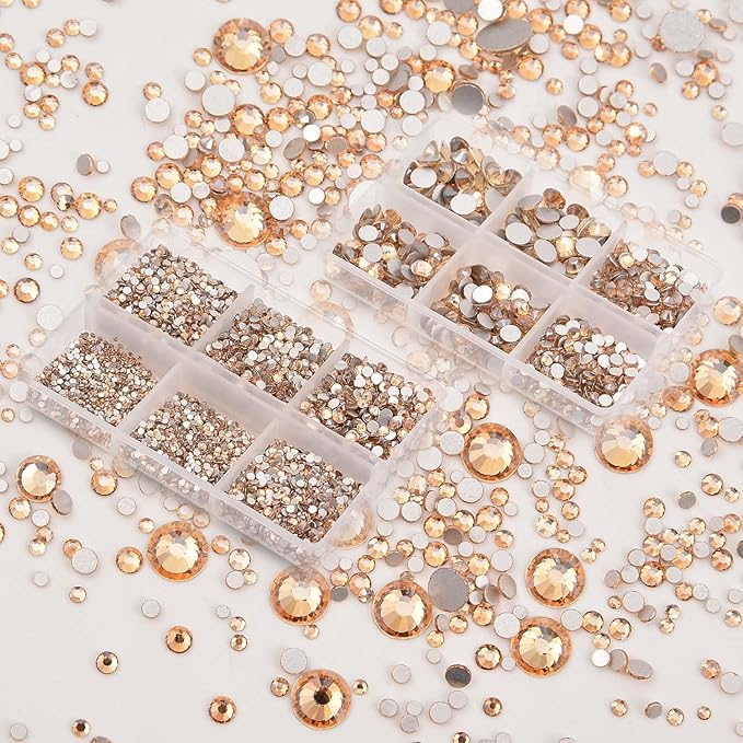 NCB 8000pcs Non Hotfix Rhinestones 10 Sizes Flatback Crystal Glass Rhinestones with Tweezers and Picking Pen for Nail Art Clothes Bags Phone Decorations Crafts DIY (023 Champagne Mix SS3-SS30)