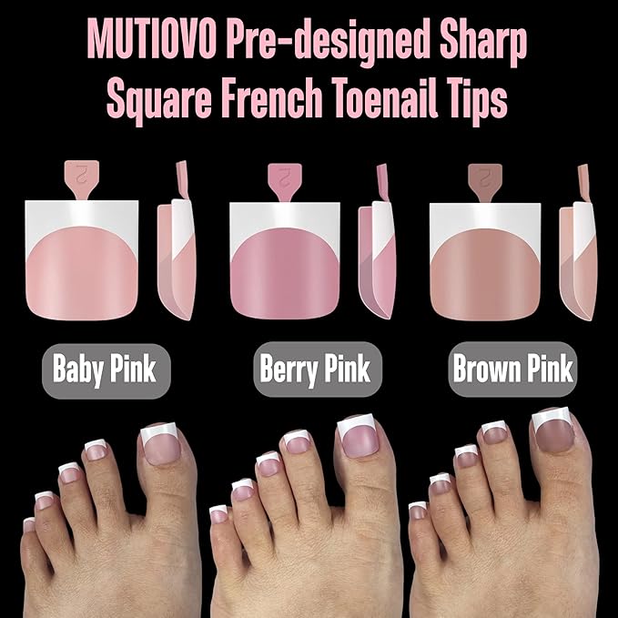 French Tip Toe Nail Tips Press on, Sharp Square Pre-Designed Soft Gel False Toenail Extension, BROWN PINK Pre-applied Tip Primer & Base Coat, Full Cover Acrylic for DIY x 15 Sizes 240 pcs