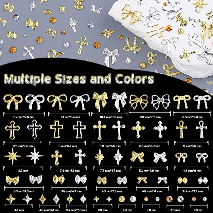 5 Boxes Gold & Silver Metal Nail 3D Punk Studs Star Cross Bow Gems and Small Caviar Beads Pearls Rhinestones Nail Art Jewels with Tweezers and Nail Brush and a Wax Pen Picker(9-Gold & Silver Studs)