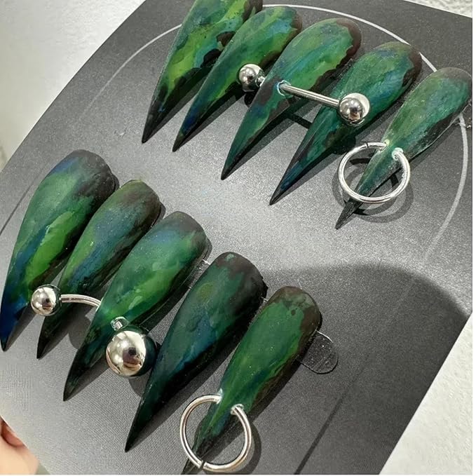 Stiletto Press on Nails Extra Long with Glue Glossy False Nails with Green hand-Painted Designs Handmade Eagle Dragon Cat Claw Unique Reusable Fake Nails