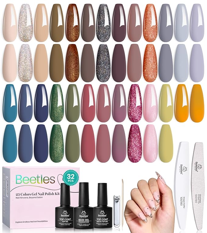 Beetles Retro Gel Nail Polish Set – Catwalk Tonal Hues 25 Colors UV Gel Polish Set, Brown Nude Blue Green Glitter with Base Glossy Matte Top Coat Soak Off UV LED Manicure Gift for Women