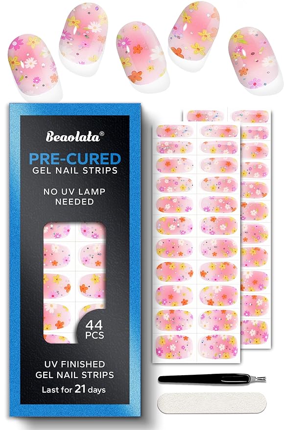 Pre Cured Gel Nail Strips - 44PCS Salon Quality Gel Nail Stickers - Long Lasting Polish Wraps for Women no UV Light Needed Easy Apply & Remove (Strawberry Pink)
