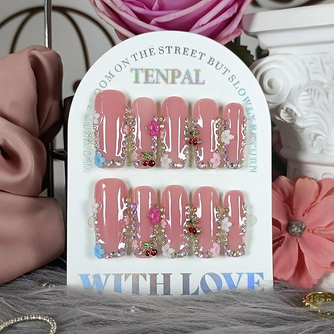 DazzleShine Press on Nails Long Square - Sheer Pink French Tip with Rhinestone Edge Luxury False Nails for Women,Glossy Handmade Acrylic Glue on Nails for Daily(S)