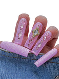 Euphrosyne Kawaii Press On Nails – Long Coffin Glitter Nails in Light Pink with Stars & Rhinestones | 10pcs Sparkly Fake Nails for Girls and Women, Princess Look for Daily or Party Wear