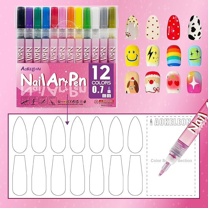 12 Colors Nail Art Pens Set 3D Nail Polish Pens Graffiti Dotting Pen Acrylic Paint Pens Point Liner Pen Drawing Painting for Nails Art Design Manicure Nail DIY Decoration (Multi-color B)
