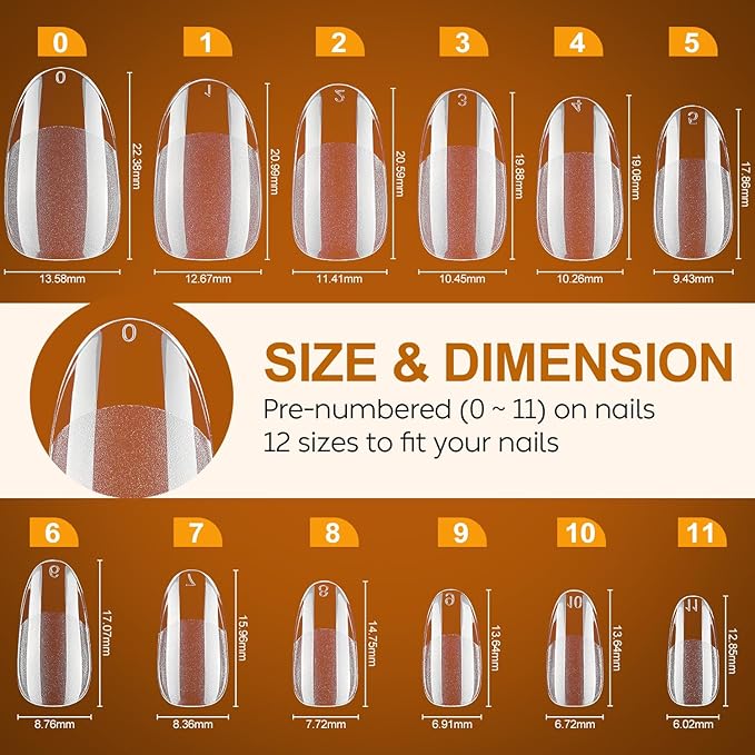 Nicedeco Almond Fake Nails Pre-shape 216pcs Press on Nails for Full Cover Acrylic Full Nails False Nails 12 Sizes - 007