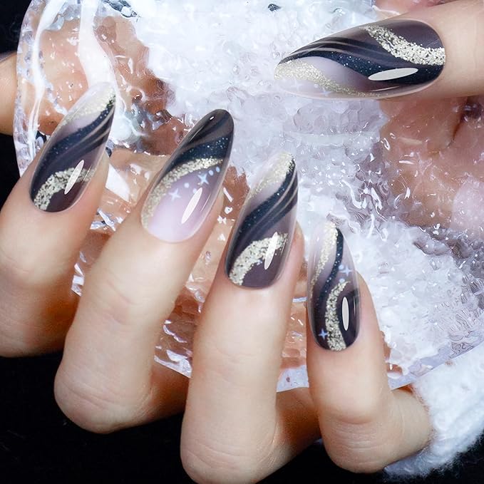 Black French Tip Press On Nails Almond Medium Length, Reusable 24 Piece Handmade False Nails with Wear Resistant Sealer