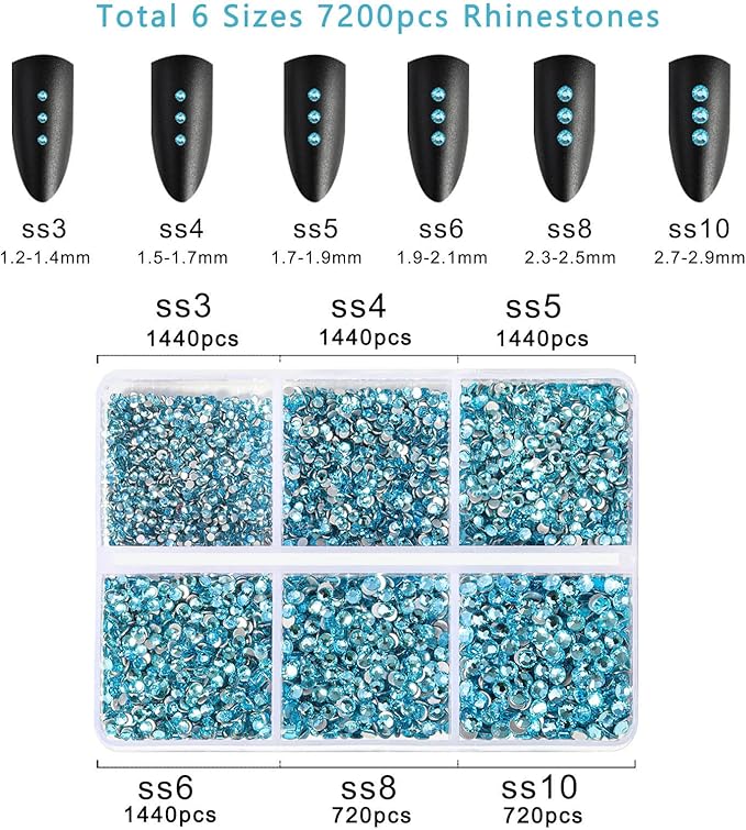 Beadsland 7200pcs Flatback Rhinestones,Blue Rhinestone Nail Gems Round Crystal Rhinestones for Crafts,Mixed 6 Sizes with Wax Pencil Kit, SS3-SS10,Aquamarine