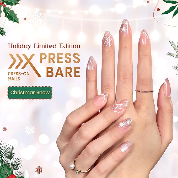 Beetles Christmas Press On Nails - Christmas Snow | Short Almond Press On Nails | 32Pcs 16 Sizes Natural Salon Quality Nail Tips With Quick-drying Nail Glue For Women