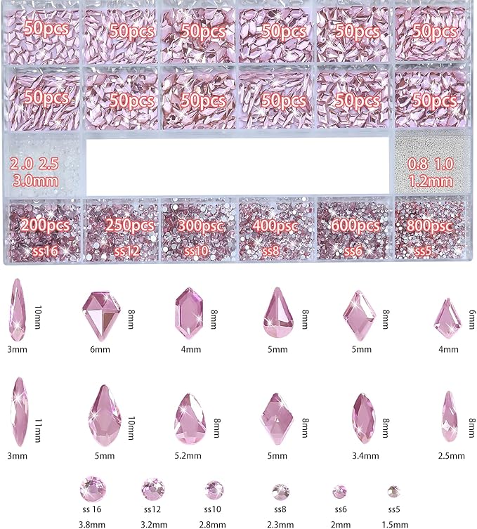 Nail Charms and Gems - 5000 Pcs, 20 Types, 20 Sizes, with Kit, Nail Rhinestones, Faux Pearls, Beads, for Nail Art (Pink)