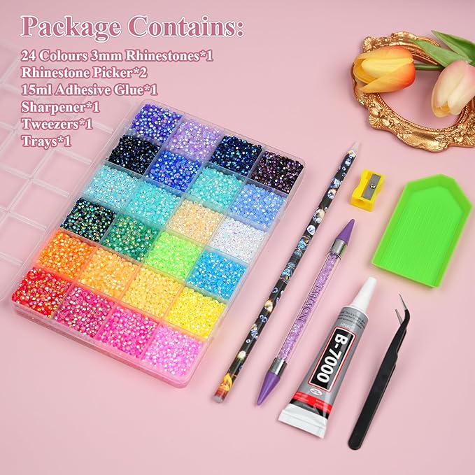 Resin Jelly Rhinestones for Bedazzling, EARLMONI Multi Colord Bedazzler Kit with 15ml B7000 Glue Rhinestone Pen Tool for Clothes Nail Art (B 24 Colors, 3MM)
