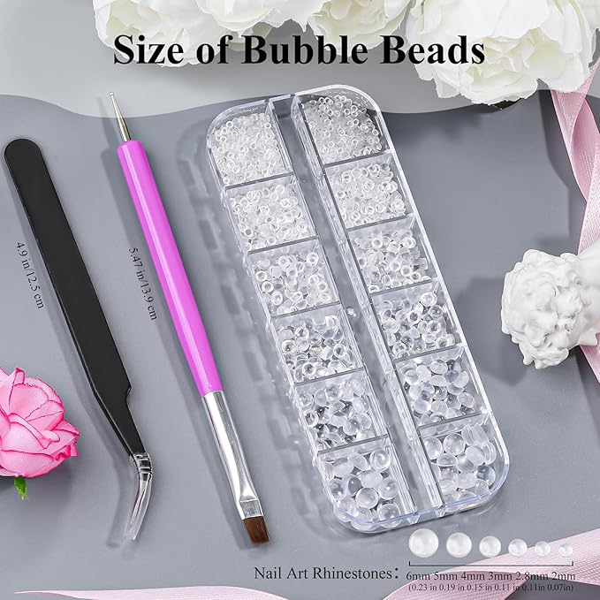 1600Pcs 3D Mixed Sizes Bubble Beads Nail Charms Jewelry, 2-6mm 3D Semi-Circular Dewdrop Water Droplets Bubble Balls Flatback Rhinestones Jewels Gems with Pickup Tools for Nails DIY Crafts(15-K1-beads)