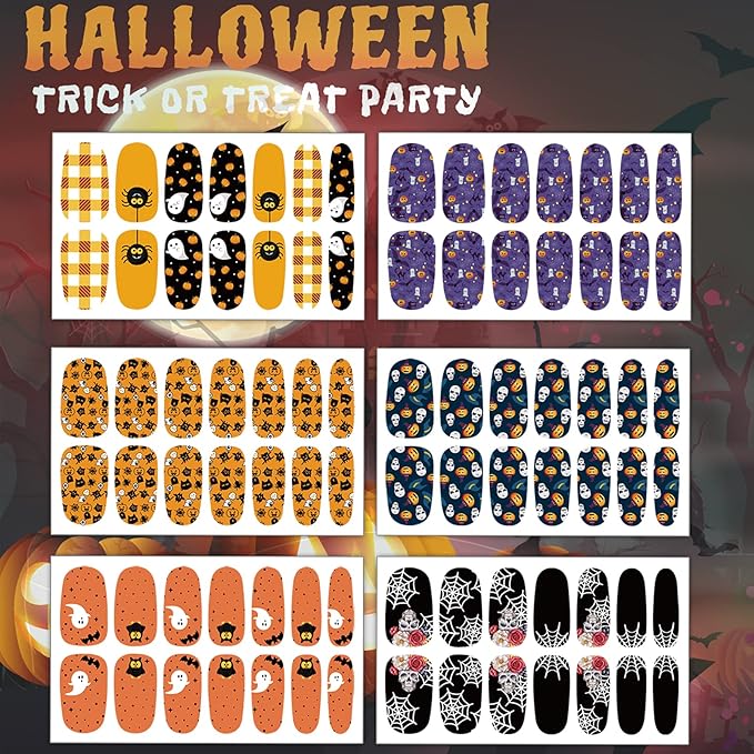 TailaiMei 12 Sheets Halloween Nail Wraps Stickers Nail Polish Strips Self-Adhesive Full Wraps with 2 pcs Nail Files for DIY Nail Art Decals (Pumpkin Style)