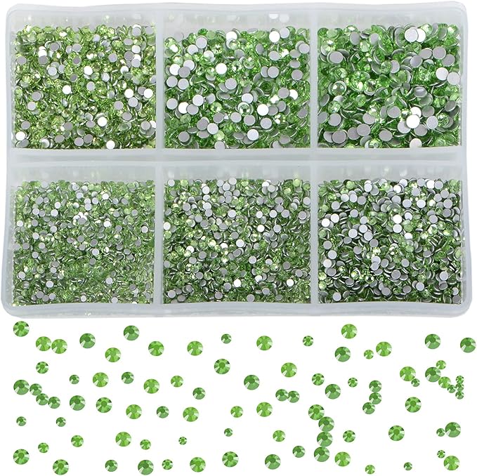 Bymitel 7200 Pieces 6 Mixed Sizes Glue Fix on Glass Rhinestones Round Crystal Gems Flatback for DIY Jewelry Making with one Picking Pen(6-Sizes 7200PCS, Peridot)