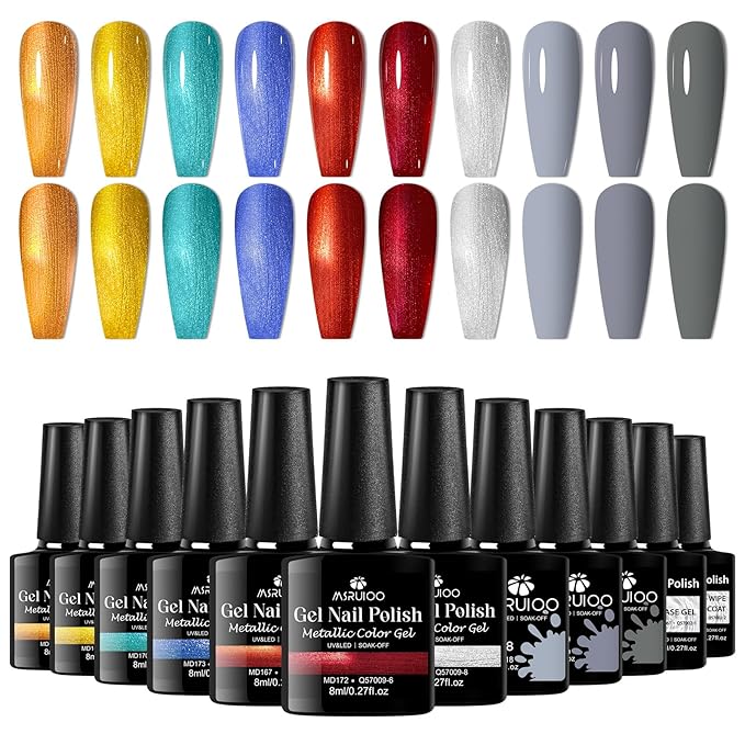 12PCS Metallic Gel Nail Polish Set Orange Blue Red Nail Polish Kit Metallic Effect Gel Gray Nude Gel Polish Set Manicure Kit 10 Colors 8ml
