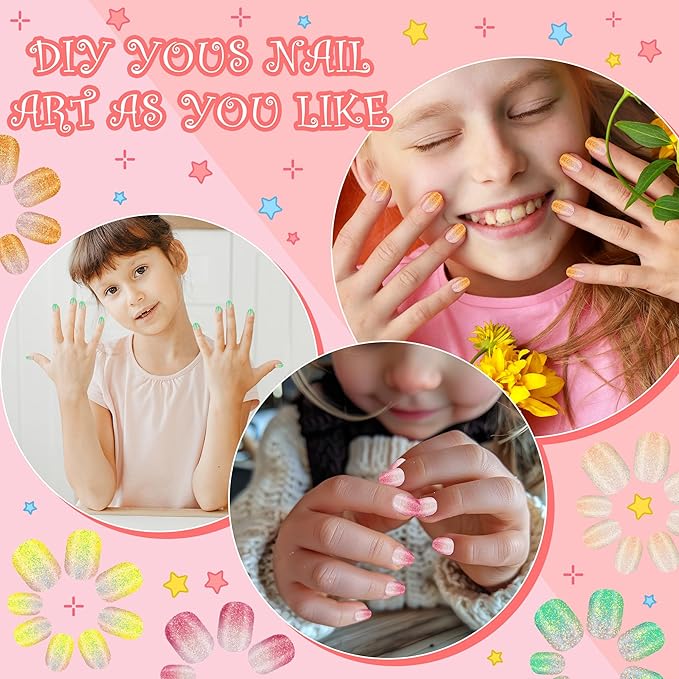 120pcs Girls Press on Nails for Kids - Children Short Fake Artificial Nails,Glitter Kids False Sticky Nails with Nail Glue Tabs