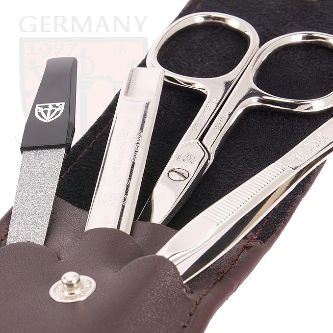 3 Swords Germany - brand quality 3 piece manicure pedicure grooming kit set for professional finger & toe nail care scissors tool genuine leather case in gift box, Made in Solingen Germany