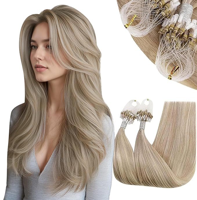 RUNATURE Microlink Hair Extensions Human Hair, 12 Inch Blonde Micro Bead Hair Extensions Real Human Hair, Invisible Cold Fusion Pre Bonded Human Hair, Long Lasting, 40g 50s #18P613