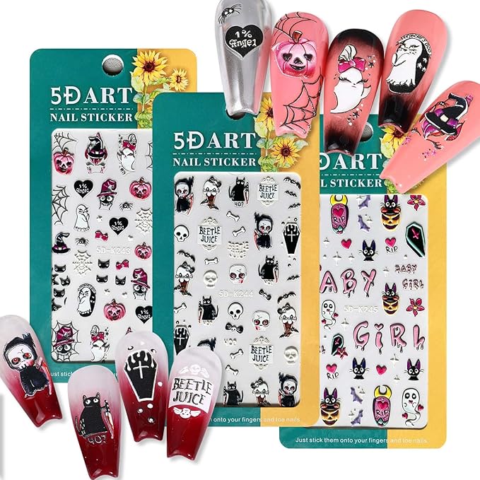 5D Self-Adhesive Nail Stickers for Halloween Nail Decals: DIY Nail Art Design with Bat, Ghost, Pumpkin, Spider Web, Witch, Skull, Bones, etc. Ideal for Halloween Party Supplies for Women (Pink)