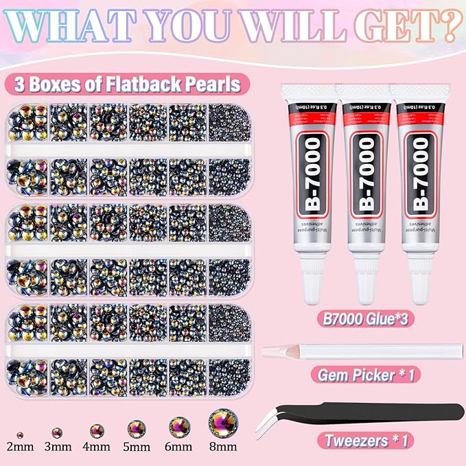 Flatback Pearls for Crafting with 3Pcs 10ml B7000 Jewelry Glue, 3 Boxes of Half Round Black AB Pearls, Bedazzling Beads for DIY Crafts Clothing Tumblers Shoes Embellishment Nail Art