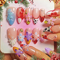 Handmade Acrylic Press On Nails Almond, 3D Press On Nails Medium, Flower 3D Red Nails French Tip Preal Shell Leopard For Women Gift, Reusable Stick On Fake Nails Kit With Nail Glue(Lush Garden-L)