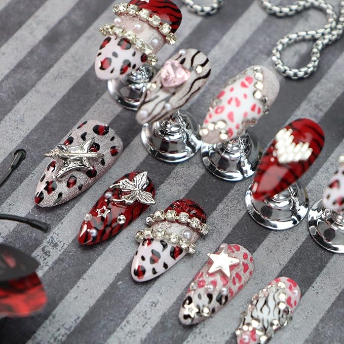 Leopard Print Press on Nails Heart Fake Nails with Rhinestone Design Medium Almond False Nail Butterfly Glue on Nails Pure Handcrafted Nail Art Glitter Stick on Nail for Women Premium Manicure (S)