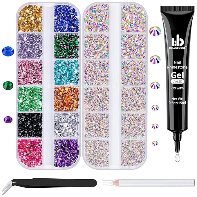 BELLEBOOST Nail Art Rhinestone Glue Gel&2 Boxes Flatback Gems Kit, 1 Tube of 15ml Rhinestone Gel Glue(UV/LED Needed)+Colorful Gems+Flat-Back Round Glass Crystal AB Gemstones with Pickup Tools