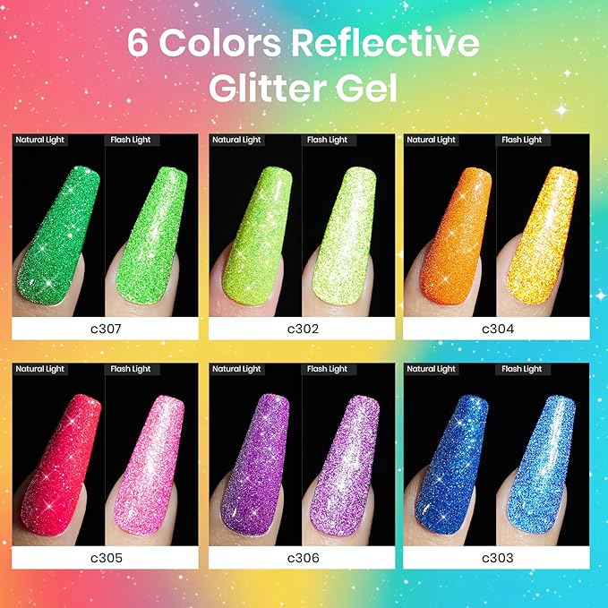 beetles Glitter Gel Nail Polish Set - Neon Carnival 6 Colors Reflective Glitter Gel Polish Set Pink Green Purple Blue Spring Bright Sparkly Gel Nails Soak Off Uv Led Salon Easter Gift for Women
