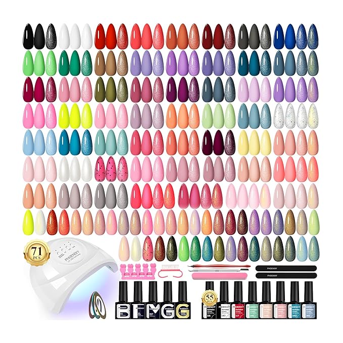 PHOENIXY 71 Pcs Gel Nail Polish Kit with U V Light, 55 Colors Gel Polish Set Red Black White with 5 Pcs Base and Glitter Matte Glossy Gold Top Coat Manicure Starter Nail Polish Set Gifts for Women