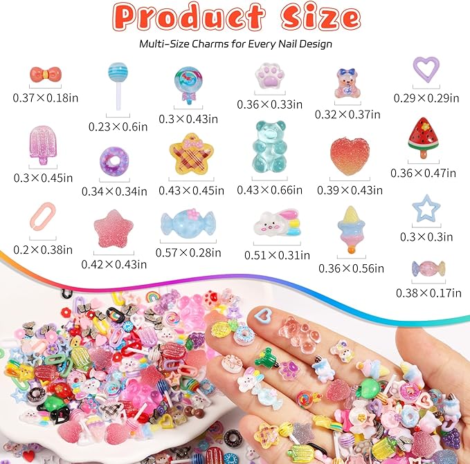 400PCS Kawaii Nail Art Kit with 100 Soft Clay Slices 300 3D Resin Candy Fruit Donut Star Charms for Acrylic Nails Supplies with Tweezers for DIY Crafts Slime and Shoe Decor