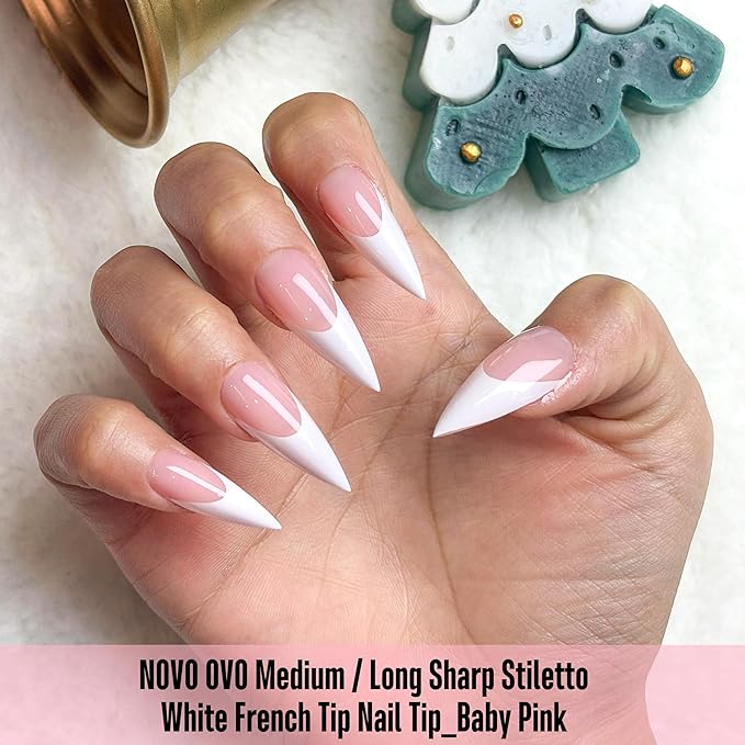 NOVO OVO White French Tip Sharp Stiletto Pointed Medium Long Nail Tips Press on Baby Pink, Soft Gel Fake Acrylic Extension, Full Cover False Nails for Salon DIY x 16 Sizes 160 pcs