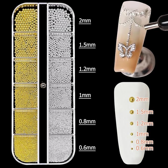 Nail Charms Jewels Manicure Kit with Magnetic Pen Pickup Pencil and Tweezers, Gold Silver Mini Metal Caviar Nails Beads and Flatback Half Round Beads Nail Gems for Nail Art Decor