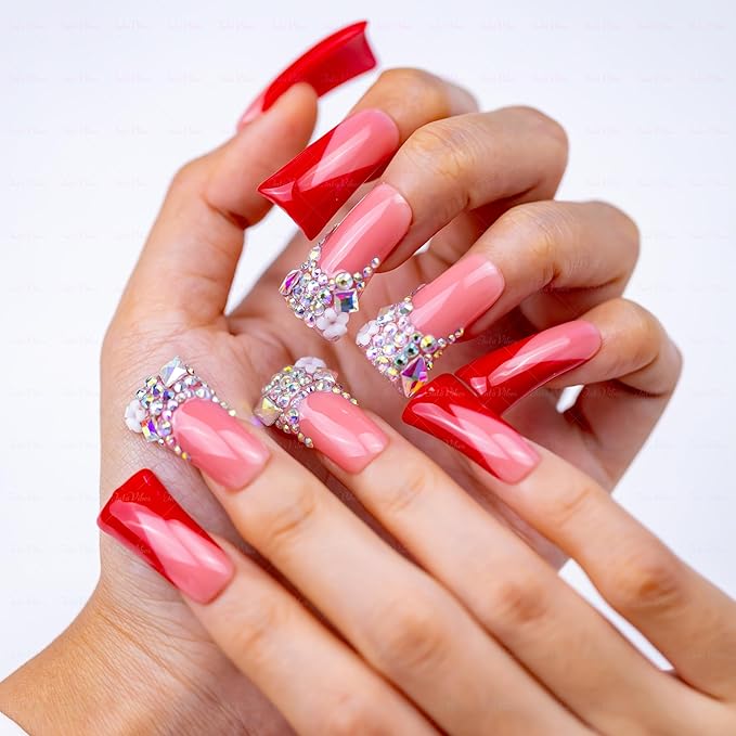 10 Pieces Luxury Acrylic Press On Nails Long Handmade Duck Nails, Red Thickened False French Nails, With Bling Rhinestones & Y2K Princess Vibes, Reusable Fake Nails Acrylic Nails (M)