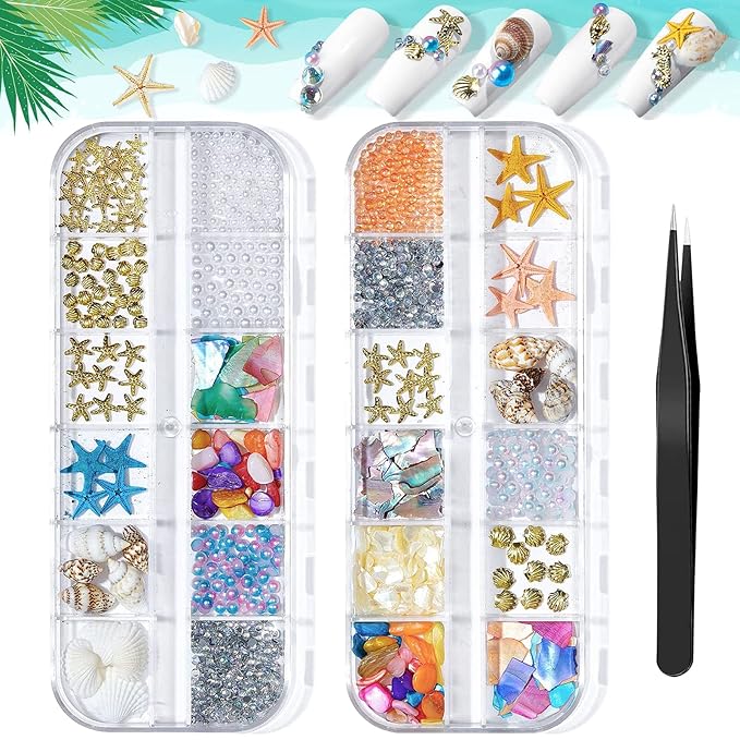 2 Boxes Summer Beach Nail Art Rhinestones Accessories Ocean Theme Shell Starfish Conch Nail Studs Sea Series Nail Art Rivets Charms Supplies for Nail Art Designs DIY Manicure Decoration（5-6）