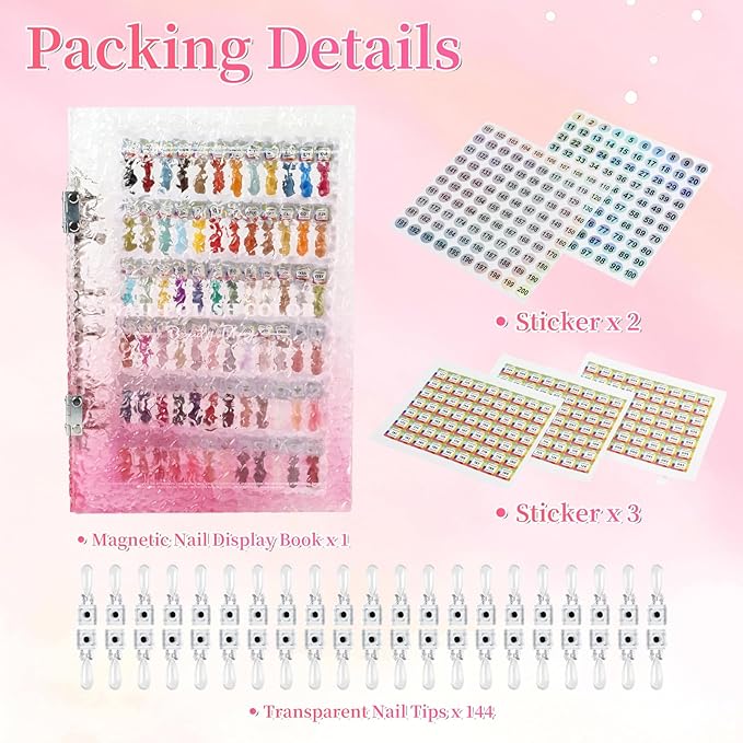 Magnetic Nail Swatch Book, 144 Nail Color Display Book Organizer with 144 Magnetic Tips & 1-189 Number Labels, Professional Salon Nails Color Chart for Nail Polish Nails Art Design(Pink)