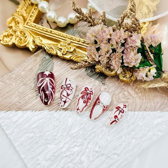 30pcs Valentines Press on Nails Medium Almond Fake Nails Heart Bow Star False Nails with 3d Pearl Rhinestones Designs Glue on Nails Red Cherry Full Cover Artificial Stick on Nail Decoration for Women