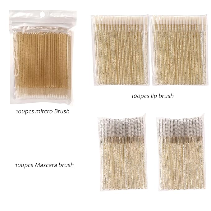 300 PCS Eyelash Extension Supplies Kit, Disposable Micro Swab Brush, Eyebrow Spoolie, Lip Brush, Mascara Wand Applicator (Crystal gold handle white kits)