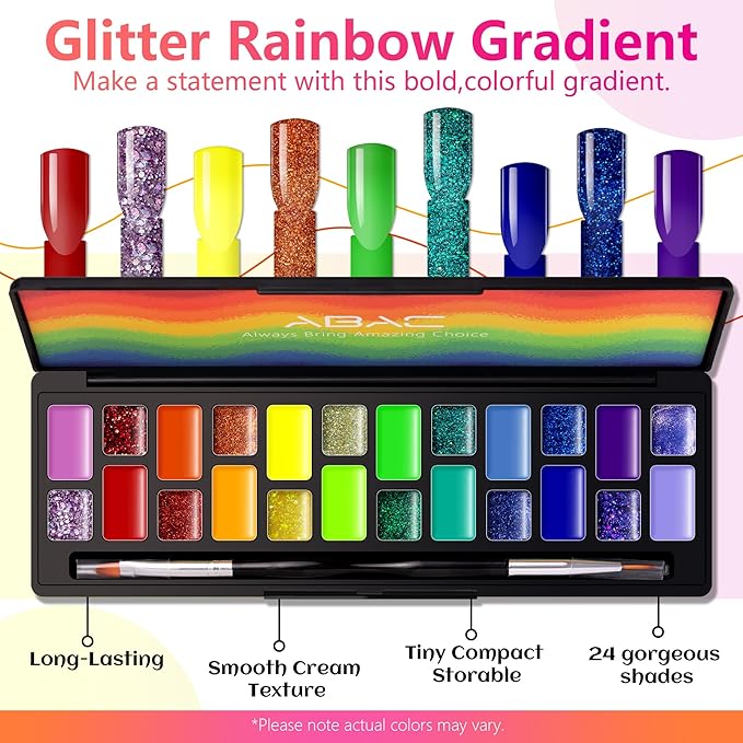 ABAC 24 Color Solid Gel Nail Polish,Ombre Gel Nail Polish,Pat Paint Nail Gel - Rainbow Shades Yellow/Ocean Blue Hema-Free w/Brush,LED Curing for Everyday Wear,Party Nails Pro Salon DIY Set