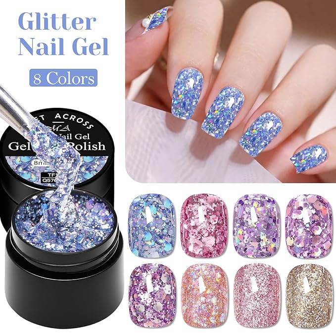 MEET ACROSS 9Pcs Glitter Gel Polish Sequins Gel Nail Polish Kit with 1Pc Nail Brush Shimmer Pink Blue Purple Brown Glitter Nail Polish Kit Holiday Gift Design for Party 8 Colors