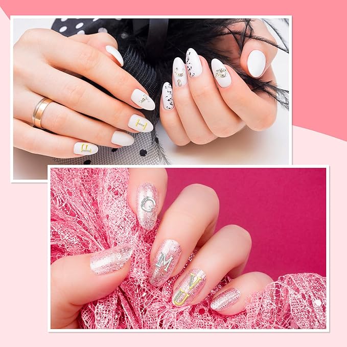 Maitys 104 Pcs Gold Silver Letter Nail Charms 3D Capital Charms Studs Letters and Rhinestone Crystal Nail Decals English Alphabet Fingernail Art Decoration for Women Female DIY Fingernail Art