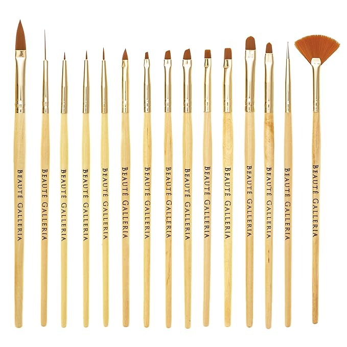 Beaute Galleria 15 Pieces Nail Art Brush Set for Detailing, Striping, Blending, One-Stroke Nail Art with Gel Brushes, Painting Brushes, 3D Brush, Dotting Tool, Fan Brush and Liner