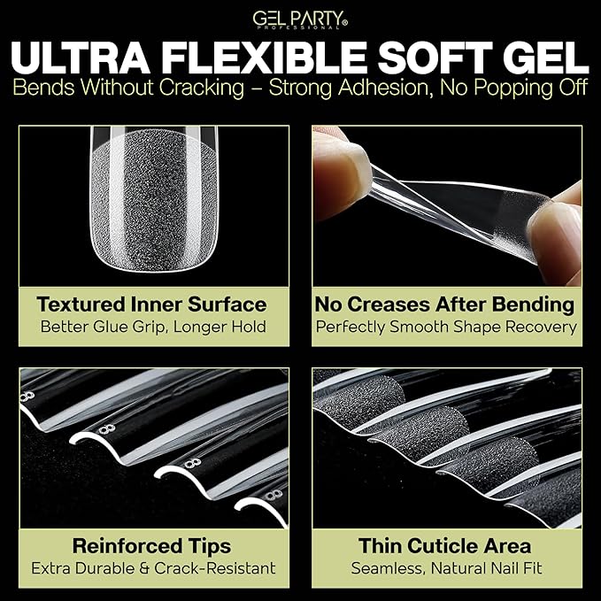GELPARTY Soft Gel Nail Tips XL Long Square - 240Pcs Pre-Buffed Matte Full Cover Tips - No Filing Needed, Soak Off Gel Extension System - Clear False Nails (12 Sizes)