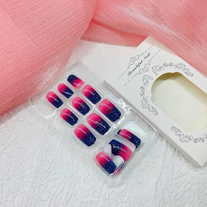 Square Press on Nails Short Fake Nails with Designs Starry Sky Stick on Nail Pink Gradient Acrylic False Nail Glitter Artificial Nail Full Cover Glue on Nails for Women